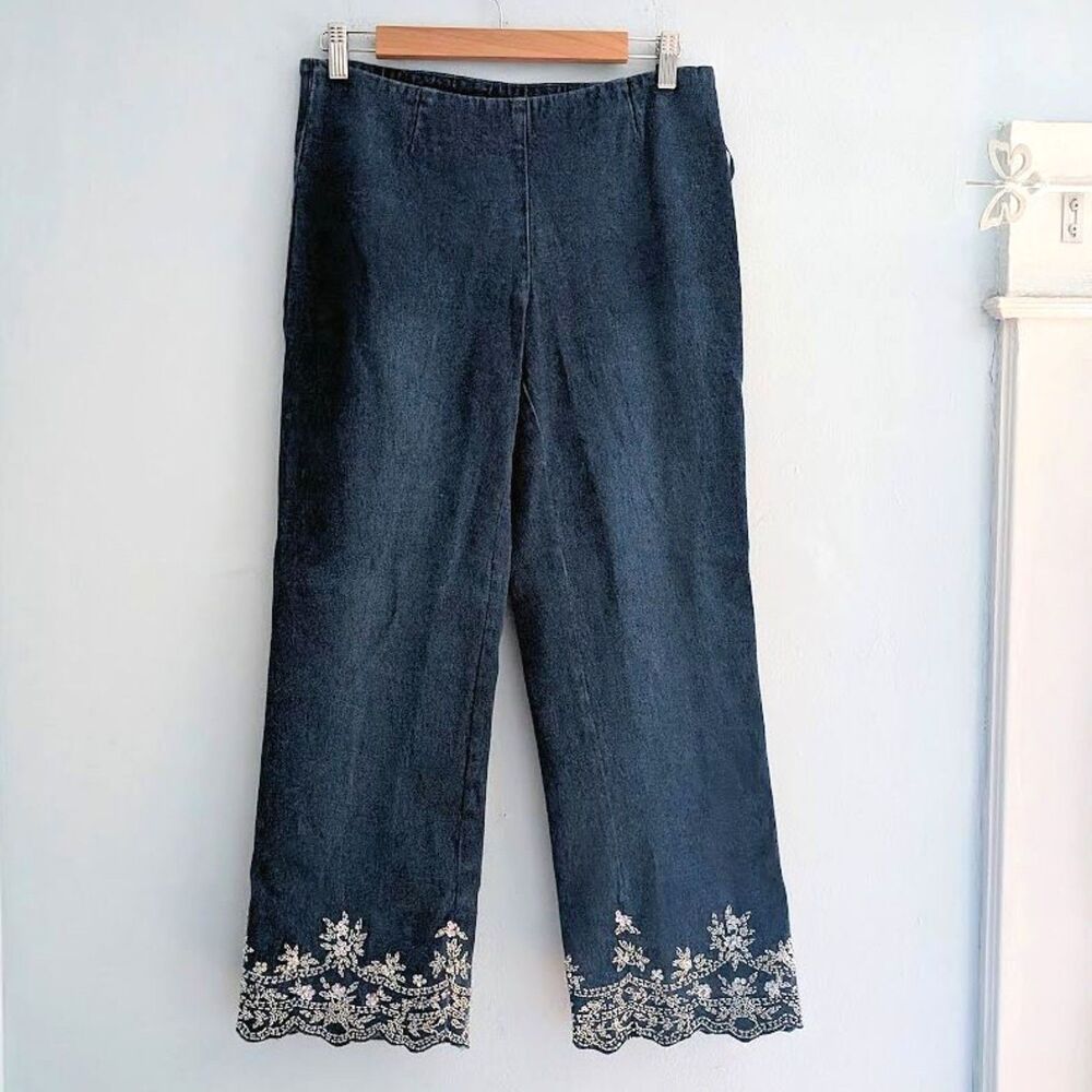 NWT Vintage Y2K Cropped Jeans Beaded Pocketless Medium Wash Denim Size 8